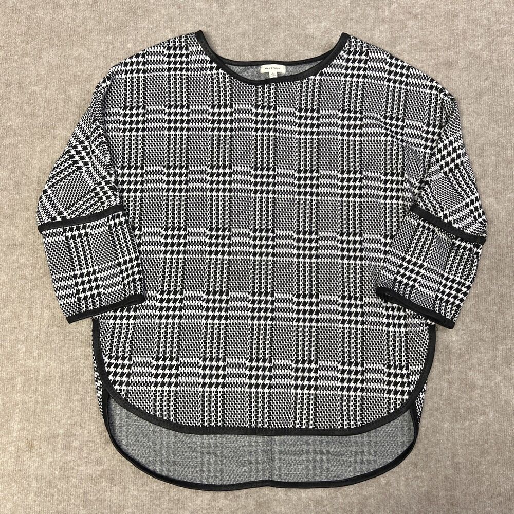 MAX STUDIO‎ Womens Plaid 3/4 Sleeve Tunic Top Lg Houndstooth Plaid Gray
